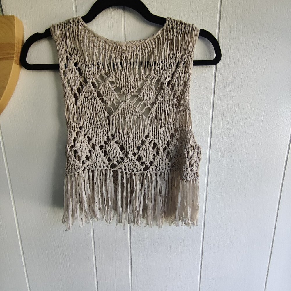 Crochet Vest by Blu Pepper.  4" fringe , cream color, 2 buttons, lightweight. S - Picture 2 of 5